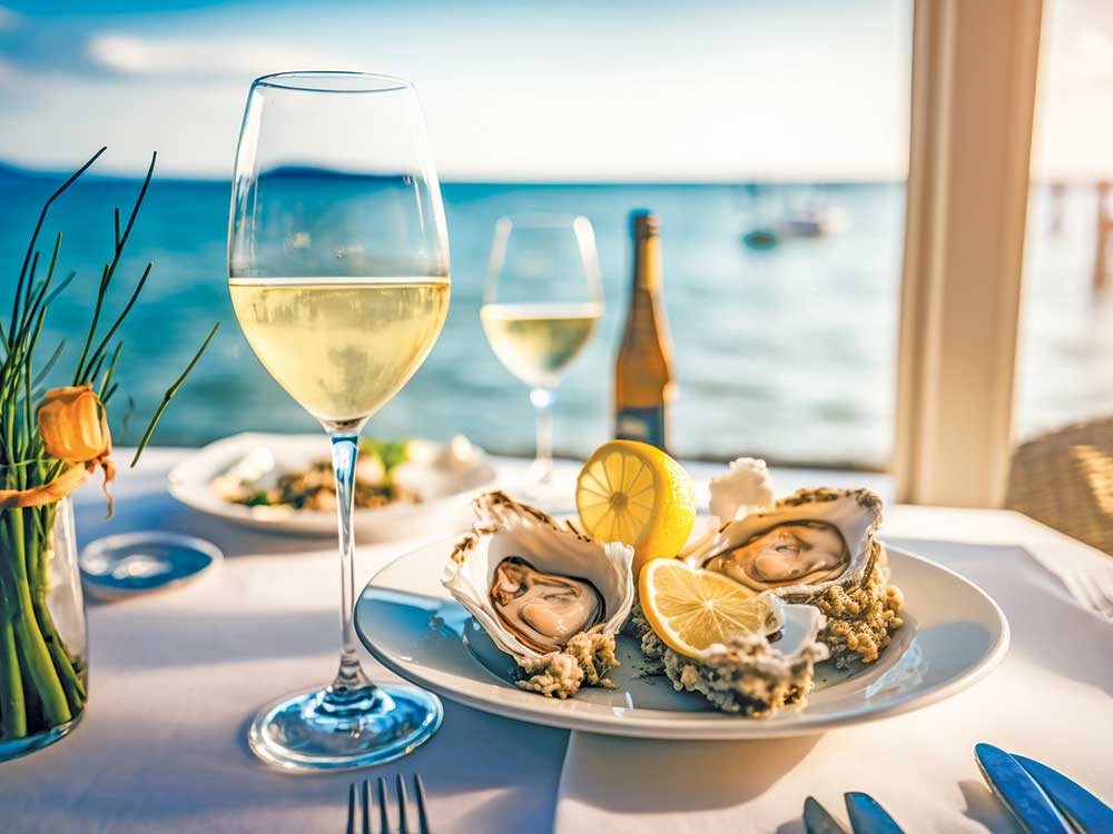 Plated oysters on a table with the view of the water