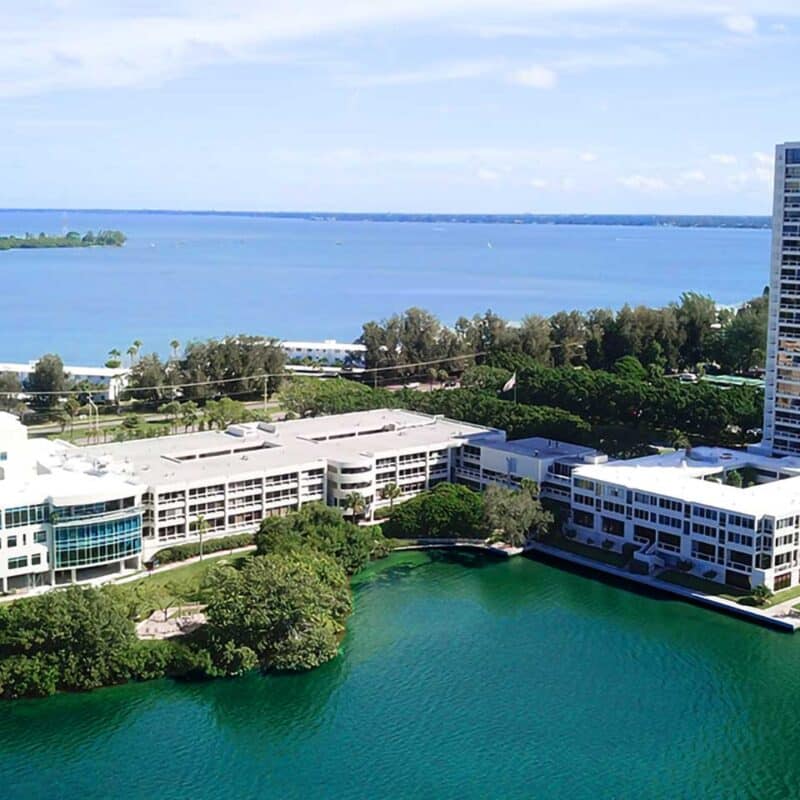 Aerial view of Plymouth Harbor on Sarasota Bay, a luxury senior living community