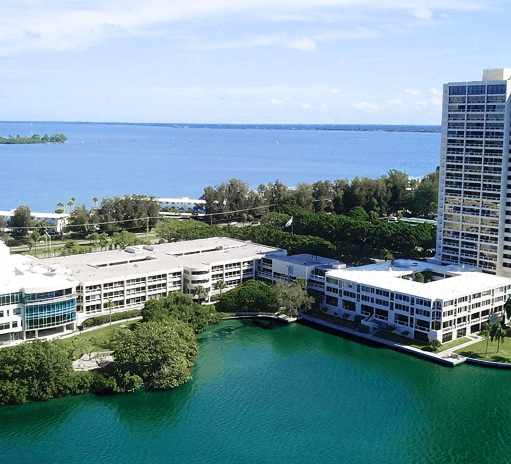 Aerial view of Plymouth Harbor on Sarasota Bay, a luxury senior living community